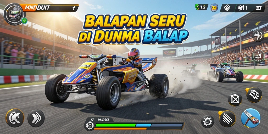 Tampilan gameplay MNDUIT yang seru saat balapan di lintasan menantang.