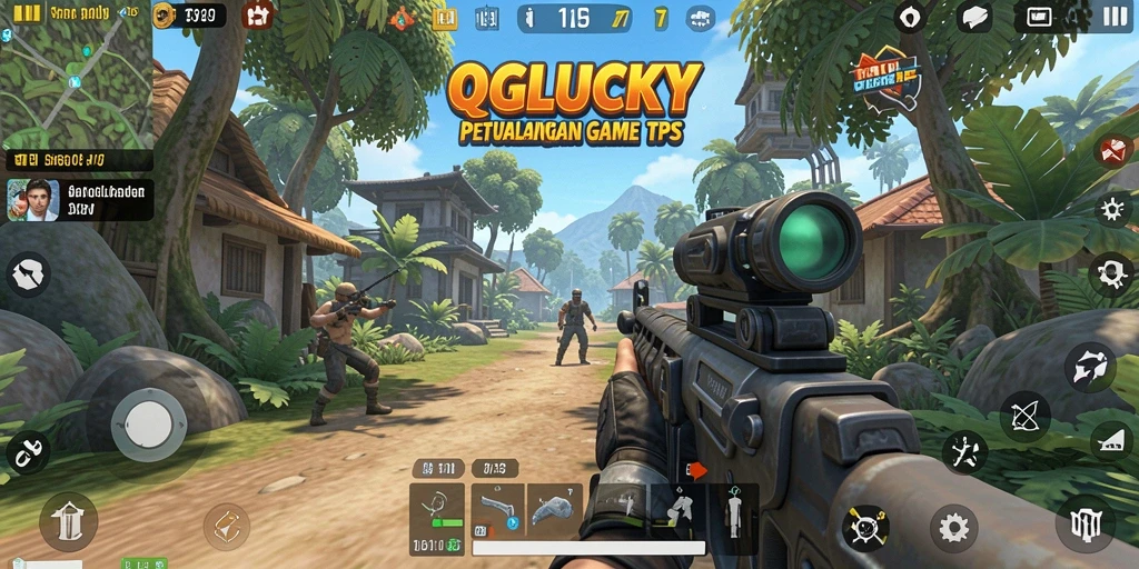 Tampilan aksi gameplay seru di QGLUCKY sebagai game TPS.