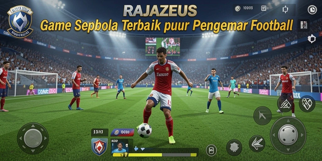 Tampilan gameplay RAJAZEUS menunjukkan pertandingan sepak bola yang seru dan menegangkan.